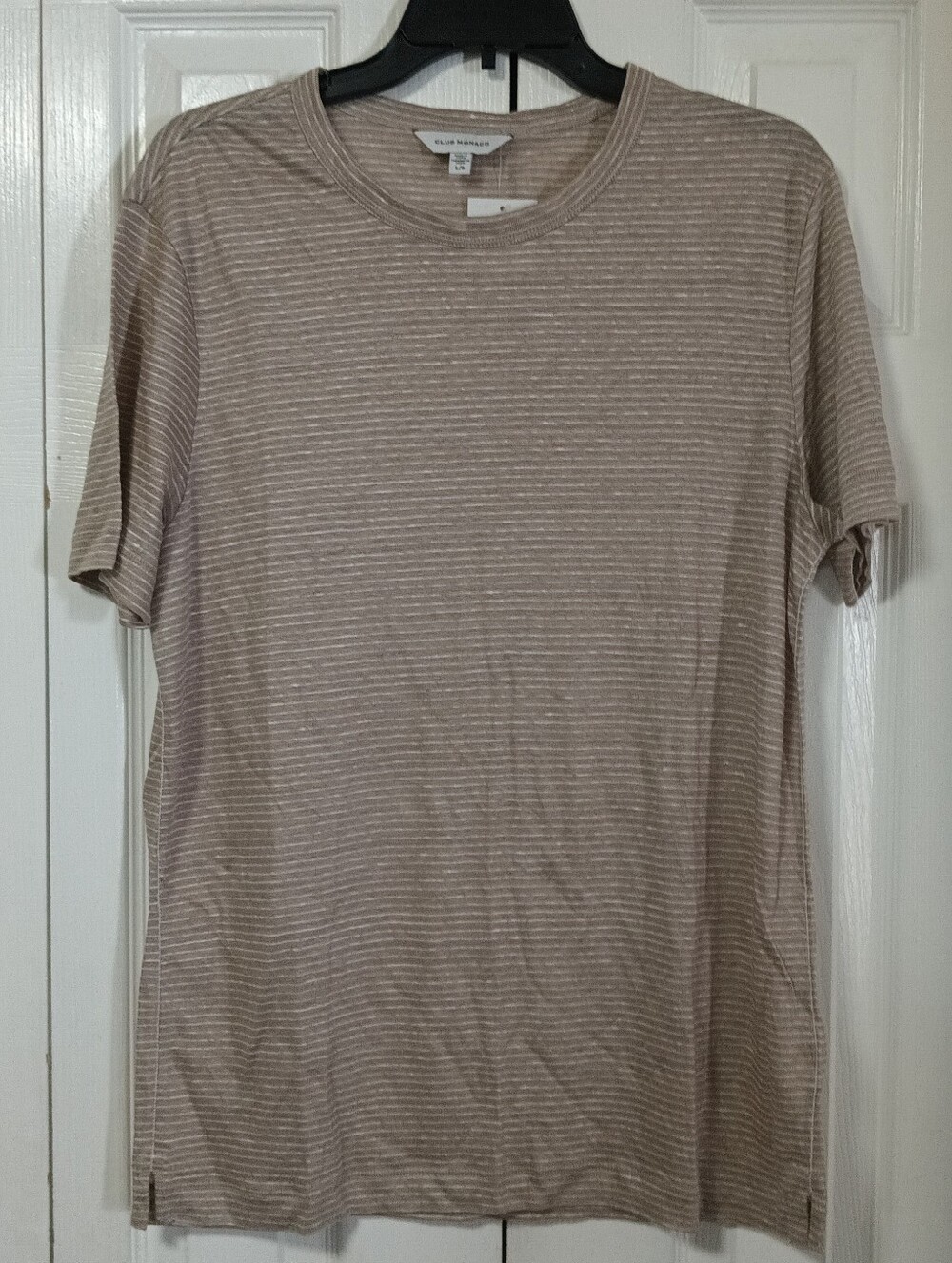 Club Monaco Tan and White Linen Striped Short-Sleeve Tee